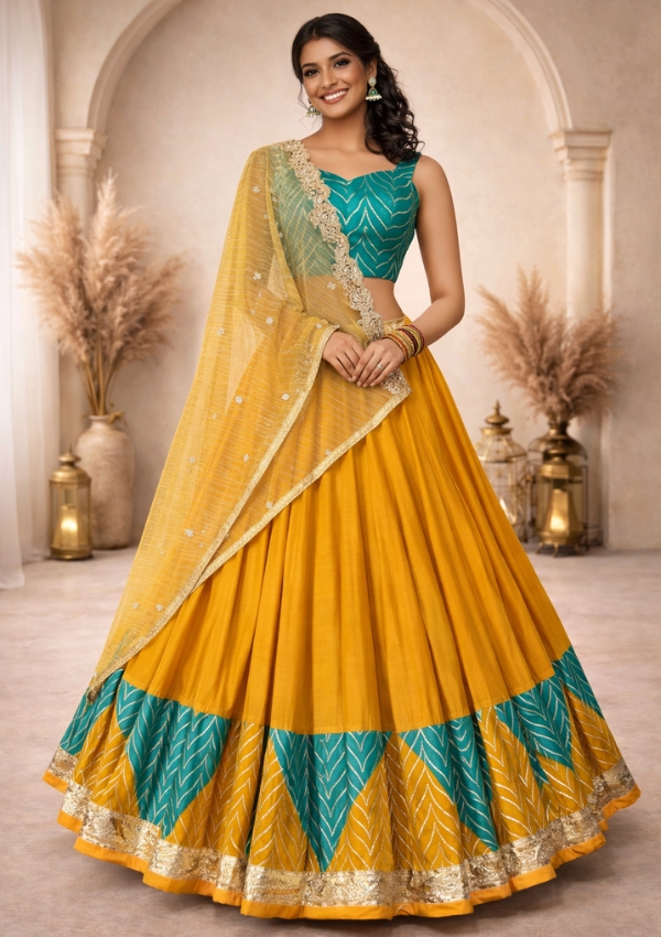 Mustard Yellow Chaniya with Teal Border